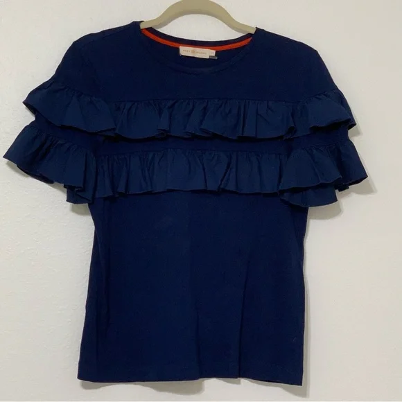 Tory Burch Lennox Ruffle Tee in Navy Blue size small - Picture 6 of 8
